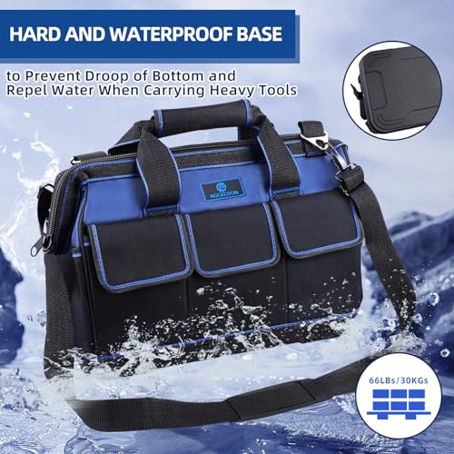 Tool Bag 16'', Multi-pocket Tool Organizer with Water Proof Plastic Base, Heavy Duty Tote with Shoulder Strap for Tool Storage, Black & Blue