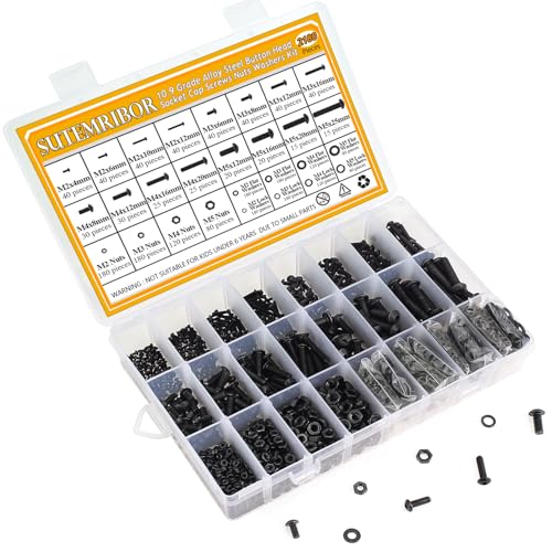 2180 Pieces Black M2 M3 M4 M5 Button Head Socket Cap Screws Nuts Washers Assortment Kit, Metric Screw Assortment with Hex Wrenches, 10.9 Grade Alloy Steel, Fully Threaded M2/M3/M4/M5