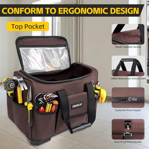 16-Inch Tool Bags For Men Heavy Duty, 29 Pockets Large Tool Organizer Bag with Hard Plastic Bottom & Waterproof Oxford, Electrician Tool Bag for HVAC Mechanic Contractor Construction Work Brown 16 Inch