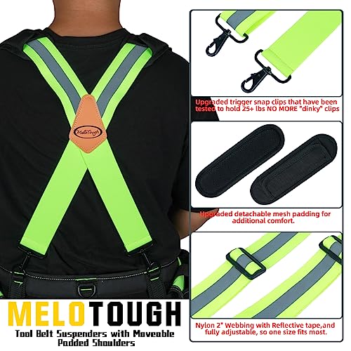 MELOTOUGH High Visibility Tool Belt Suspenders Safety Reflective Tool belt Harness for Heavy Duty Work belt with Movable shoulder Pads, Quick lobster clasp