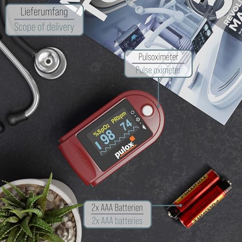Pulox PO-200 Solo Pulse Oximeter Red for Measuring SpO2, Pulse and PI | With precision indicator for reliable control of oxygen saturation, heart rate and perfusion index
