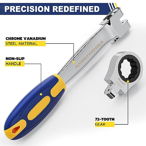 haisstronica 12 in 1 Flex-Head Ratcheting Wrench Set, Metric 8-19 mm Metric-12 in 1 Blue&yellow