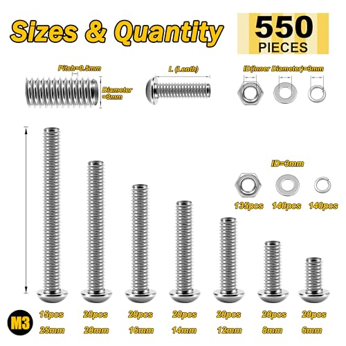 Mywish 2200pc M2-M5 Anti Rust Machine Screws Assortment Kit & 550Pcs M3 Nuts and Bolts Metric Screw 304 Stainless Steel, Hex Button Head Cap Metric Screws, Flat Washers/Nuts/Hex Wrenches