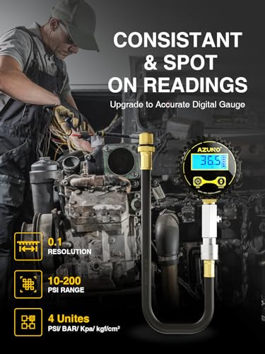 AZUNO Compression Tester Automotive, Digital Compression Gauge 200 PSI for Petrol Engine Cylinder Compression Tester Kit with Adapter & Hose