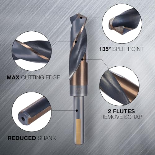 Reduced Shank Drill Bits Set, 8 Pcs Silver and Deming Large Drill Bit Set with Aluminum Index Case, M2 Black and Gold Finish HSS, 135-Degree Split Point for Smooth Drilling, 9/16” - 1” 8PCS
