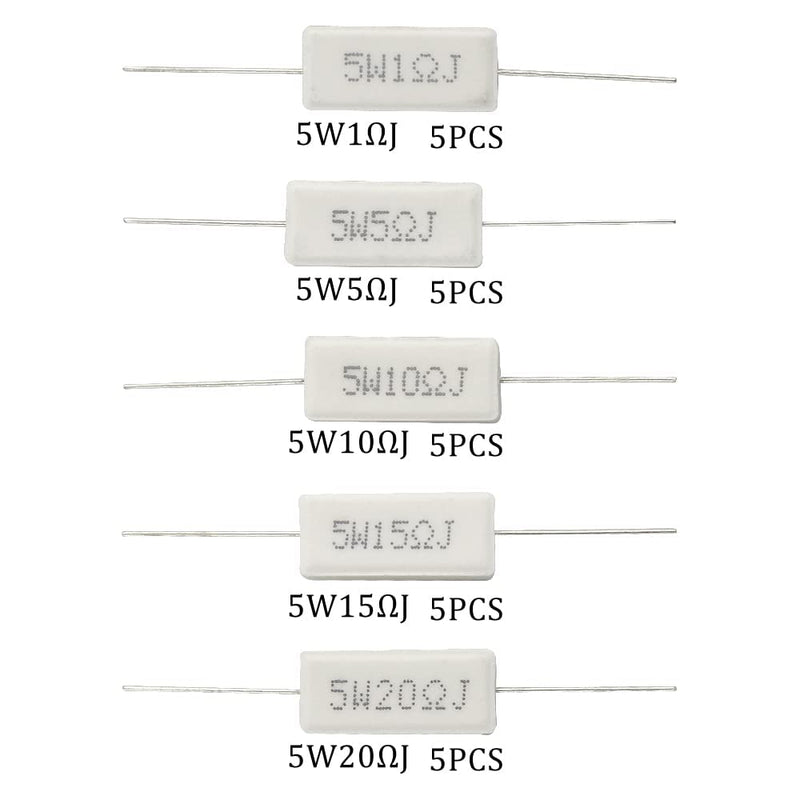 BGTXINGI 25pcs 5W 1 Ohm 5 Ohm 10 Ohm 15 Ohm 20 Ohm Cement Resistors 5% Axial Line Power Resistor Ceramic Cement Resistor Wire Wound Solid Metal Full Range Resistors Kit White