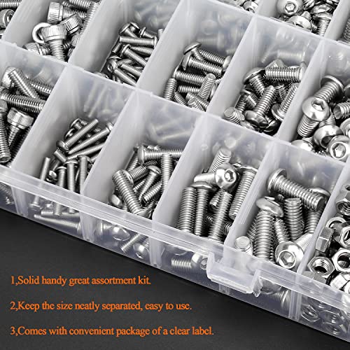 HELIFOUNER 680 Pieces M3 M4 M5 M6 Hex Button Head and Socket Head Metric Screws and Nuts Assortment Kit, 304 Stainless Steel