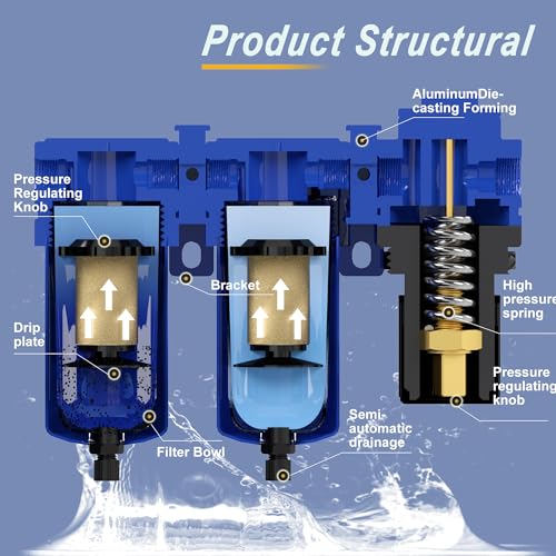 1/2" NPT Air Dryer System,Air Compressor Filter Dryer,5 and 5 Micron Filter Cartridge,Semi-Auto Drain, Metal Bracket-Blue Blue 1/2" NPT