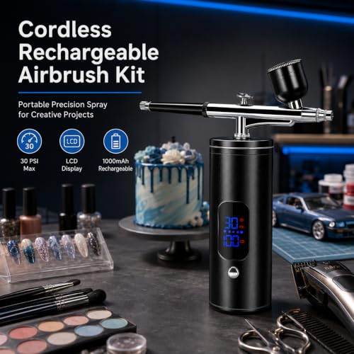 Airbrush Set with Compressor Wireless, 3-Level Adjustable Portable Airbrush Gun Set, 1000 mAh USB Rechargeable LCD Airbrush Set for Beginners Model Making, Make-Up, Tattoo, Nail Design, Cakes (Black) Black