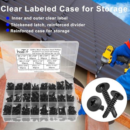 500Pcs Black Self Tapping Screws for Metal, 410 Stainless Steel, #8#10 Truss Head Self Drilling Screws, Sheet Metal Screws, Phillips Drive Deck Screws Kit with 1 Bits, Length 1/2" to 1-1/4''