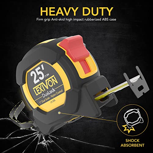 LEXIVON [4-Pack] 25Ft/7.5m DuaLock Tape Measure | 1-Inch Wide Blade with Nylon Coating, Matte Finish White & Yellow Dual Sided Rule Print | Ft/Inch/Fractions/Metric (LX-206X4) 25 ft 4-Pack