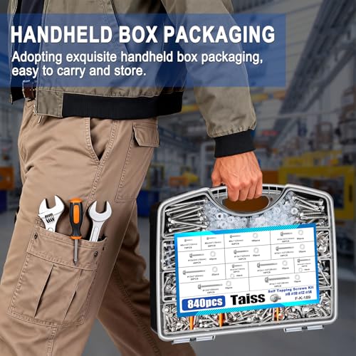 Taiss 610PCS #8#10 Self Tapping Screws for Metal 410 Stainless Steel +840PCS #8#10#12#14 Self Tapping Screws + 620PCS M3 Screw Kit
