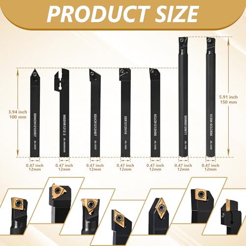 VerRich 28Pcs Kit Indexable Lathe Turning Tools,7PCS 1/2"12mm Shank Boring Bar Metal Turning Tool Holder with 21pcs Carbide Inserts for Boring Cutting Grooving Turning Threading 7PCS 1/2"12mm Holders+21PCS Inserts
