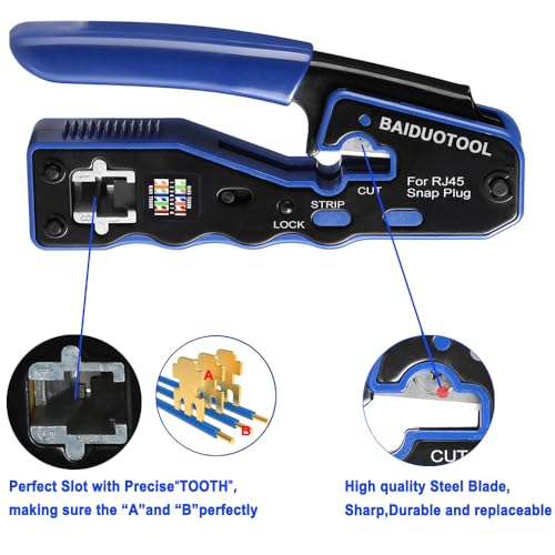 RJ45 Crimp Tool Kit Pass Through Crimper Cutter for Cat5 Cat5e Cat6 Cat6a 8P8C Modular Connector All-In-One Cat6 Crimping tool Etrhernet Crimper Tool and Tester(9V Battery Not Included) 670 Rj45-8P Crimping Tool Kit