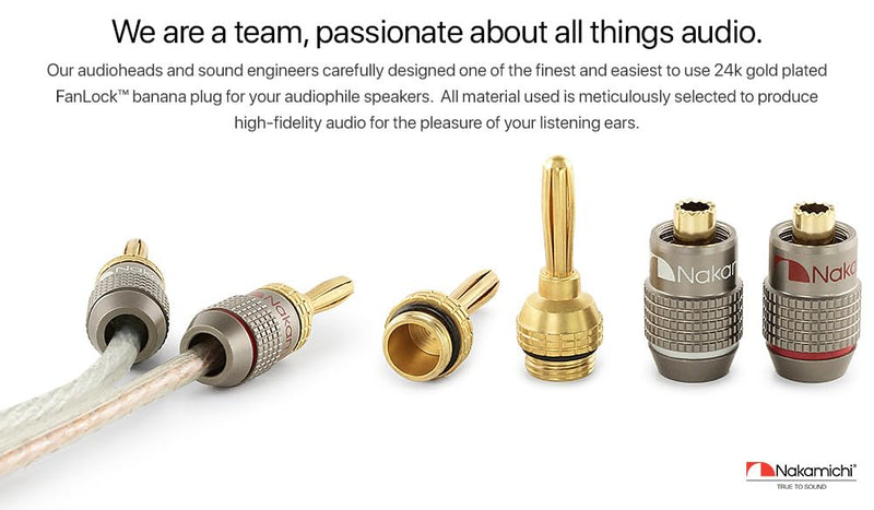 Nakamichi FanLock Excel Series 24k Gold Plated Banana Plug 10 AWG - 18 AWG Gauge Size 4mm for Speakers Amplifier Hi-Fi Stereo Home Theatre Radio Audio Wire Cable Quick Connector, 16 Pcs (8-Pairs) 16 Pcs (8-Pairs)