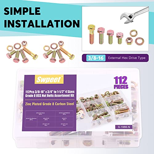 Swpeet 112Pcs 3/8-16" x 3/4" to 1-1/2" 5 Sizes Grade 8 USS Nut Bolts Assortment Kit, Heavy Duty Bolt Nut and Washer Assortment Coarse Thread Hex Head Cap Screws Bolt Flat and Lock Washer Grade 8 USS - 3/8 Inch - 112Pcs