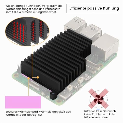 Geekworm Raspberry Pi 5 Cooler, Aluminum Passive Cooling Heatsink (H509) | 2GB/4GB/8GB/16GB compatible, 15mm thickness, fanless, wave-shaped cooling fins