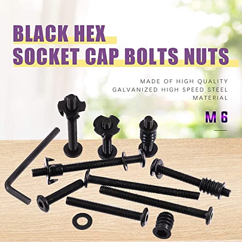 Swpeet 180Pcs M6 Carbon Steel Black Hex Drive Socket Cap Bolts and Threaded Inserts Nuts with T Nut 4 Pronged Tee Blind Nuts and Flat Washers Kit, 1Pcs Wrench Bolts Fully Threaded Hex Socket Screws 178