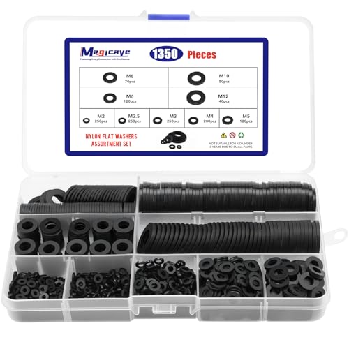 1350 Pcs Nylon & 1100 Pcs 304 Stainless Steel Flat Washers Assortment Kit – Black Nylon & Metal Washers for Screws and Bolts (M2-M12) – Ideal for Automotive, Construction, Industrial, DIY