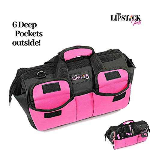 18-Inch Multi-Purpose Zip-Top Pink Storage Wide Mouth Tool Bag Organizer. Great for Home Improvement/Contractors Tools. Heavy Duty Storage Pockets and Shoulder Strap.