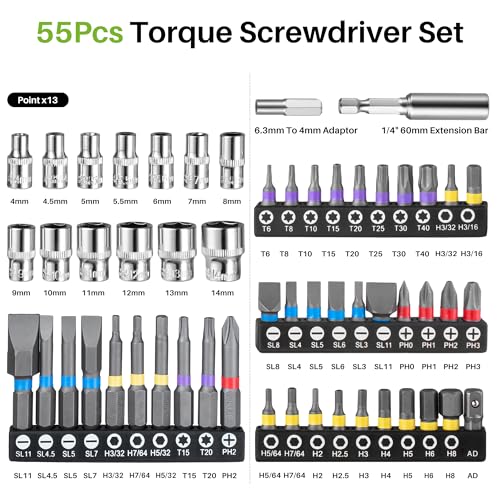 56Pcs Torque Screwdriver, 10-80In-lb for Maintenance, Gunsmithing 56Pcs