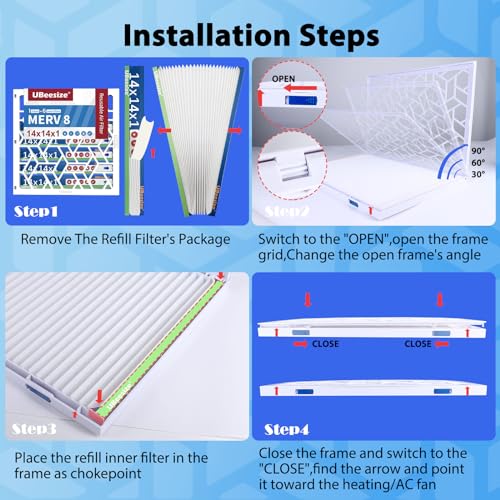 UBeesize Air Filter 14x14x1 (6-Pack), MERV 8 MPR 700 AC/HVAC Furnace Filters,Deep Pleated Air Cleaner, (Actual Size 13.5 x 13.5 x 0.8 Inches),1x Reusable ABS Frame+6 x Filter,Easy Close/Open