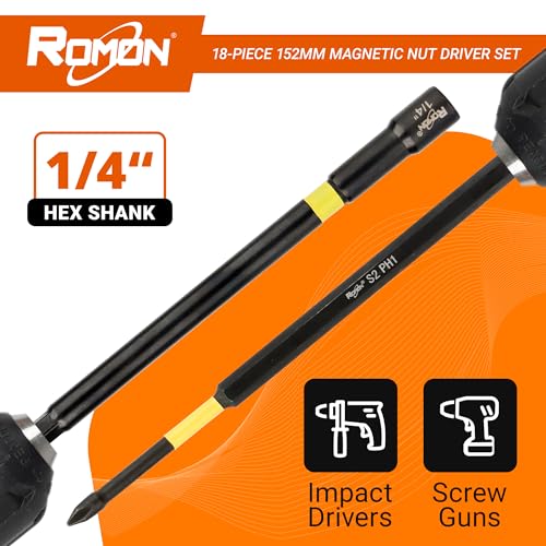 18-Piece Long Magnetic Nut Driver Set for Impact Drill, SAE and Metric Screwdriver Bits, 1/4 Inch Hex Shank Adapter Extension, Cr-V Steel