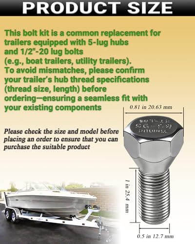 15 Pack 11062A Trailer Lug Bolts 1/2"-20 x 1-5/8" Solid Zinc-Plated Steel, Fits 5-Lug Hubs for Boat & Utility Trailers 15
