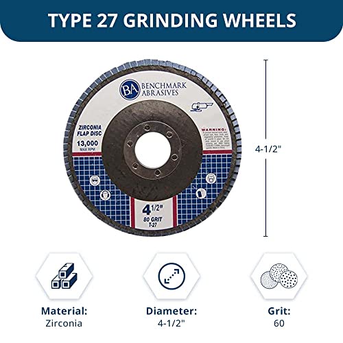 Benchmark Abrasives 4.5" Premium Zirconia Type 27 Flap Discs Grinding Wheels for Sanding Stock Rust Removal Finishing Grinding Deburring Stainless Steel, 7/8" Arbor (10 Pack) - 60 Grit