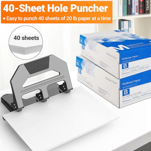 AFMAT Heavy Duty 3 Hole Punch, 40-Sheet Three Hole Puncher for Binder, 50% Reduced Effort Paper Punch, 10K+ Uses, Office Metal Hole Puncher 3 Ring w/Large Tray, Bulit-in S.S. Paper Guide, HPX2(Gray) Gray 40-Sheet Capacity
