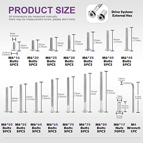 Swpeet 282Pcs 14 Different Sizes M6x16mm-80mm Carbon Steel Black and Nickel Plated Sliver Barrel Nuts Kit