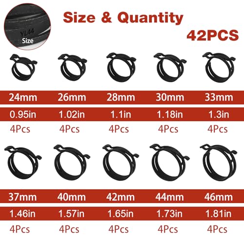 42Pcs 24-46mm Spring Hose Clamps With Swivel Flat Hose Clamp Plier Hose Removal Pliers Assortment kits -10 Large Sizes Fuel Line Clamps Made of Chrome Vanadium Steel