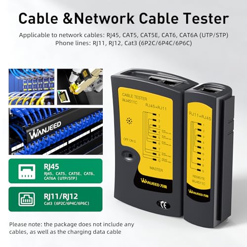 Network Cable Tester for LAN Ethernet Cable RJ45/RJ11/RJ12, Tests Cat5/Cat5e/Cat6/Cat6a/Cat7 UTP/STP Cables - Wire Mapping & Fault Finder for IT/Home (9V Battery Included) Multifunctional Ethernet Tester