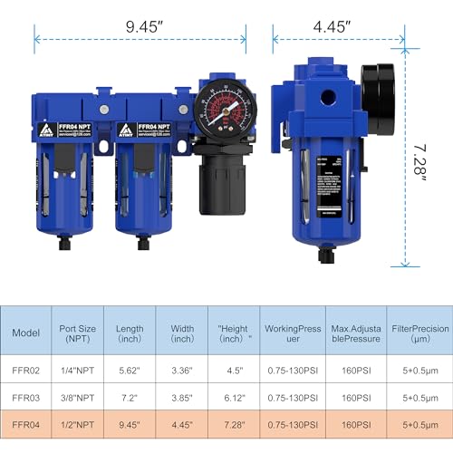 1/2" NPT Air Dryer System,Air Compressor Filter Dryer,5 and 5 Micron Filter Cartridge,Semi-Auto Drain, Metal Bracket-Blue Blue 1/2" NPT