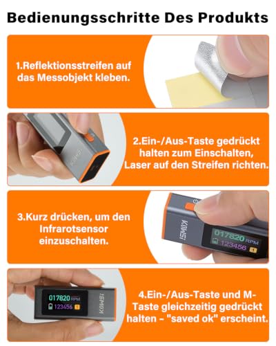 Digital Tachometer, Non-Contact Laser Speedometer RPM 300-200,000 rpm, TFT Color Display, 110 mAH Battery with USB-C Power Supply, 9 Records Storable, 0.8 s Response