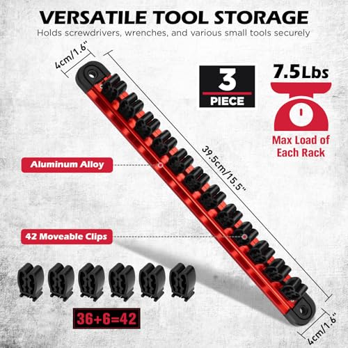 3-Piece Magnetic Screwdriver Organizer and Wrench Organizer, 42-Slot Screwdriver and Wrench Holder, Magnetic Aluminum Rail Tool Organizer for Tool Box Drawer Wall-Mount Storage,Red(Tools not Included) 3-Pack Red (42-Slot) Pro Set