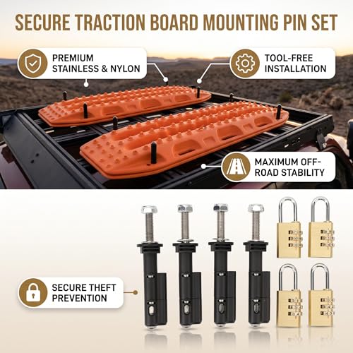 Fabater Mounting Pins, 4 Pcs Traction Boards Mounting System, Lockable Theftproof Safety Mount Pins Set, Compatible with MKII Recovery Boards, Stainless Steel Material With Password Lock