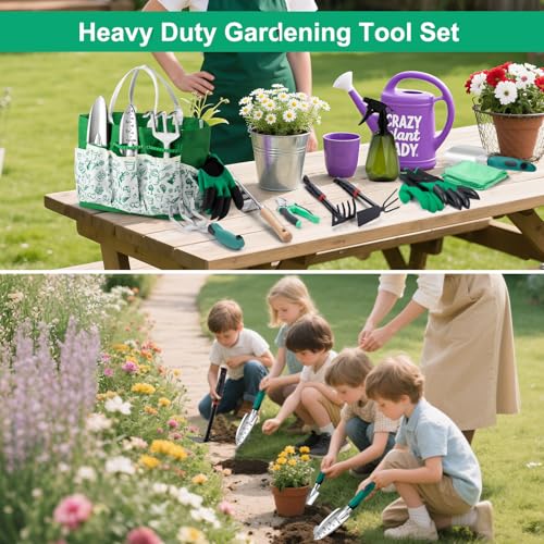 Gardening Tool Set Gifts for Women, Heavy Duty Garden Tools with Handbag Green