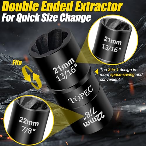 Topec Flip Lug Nut Removal Tool, 5 Piece Wheel Lock Removal Kit, 1/2" Drive Lug Nut Remover, 17-27mm Extractor Socket Set for Stripped, Rounded, Damaged Bolts 5PCS 17-27mm