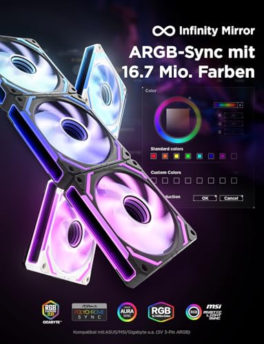 AsiaHorse COSMIQ RGB PC Fan 120 mm, Case Fan, Pack of 3, ARGB Daisy Chain PC Fan [Infinity Mirror] [FDB] 2000 RPM/68.5 CFM/24 LEDs 4-pin PWN and 5V 3-pin ARGB with Controller Black 120MM-Forward