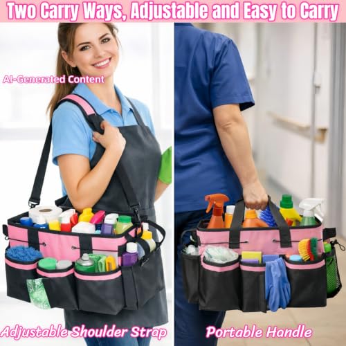 BLIRITEL Large Cleaning Caddy Bag with Handle, Cleaning Caddy Organizer with Shoulder Strap, Multi-Compartment Cleaning Supply Tote for Cleaners & Housekeepers (Pink) Pink