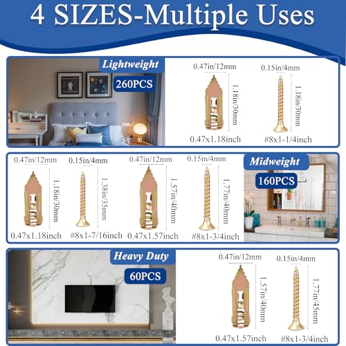 Tnisesm 480Pcs Self-Drilling Drywall Anchors with Screws, 2025 Upgraded Zinc Plated Steel for Heavy Duty, Metal Screw Anchors Kit, No Drill and Holes in Wall (4 Sizes) 480PCS-4SIZES