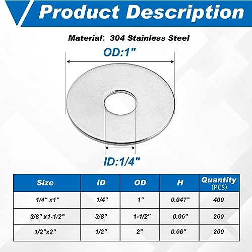 Hotop 400 Pieces Fender Washers 18-8 Stainless Steel, 1/4" X 1" 1/4" X 1"