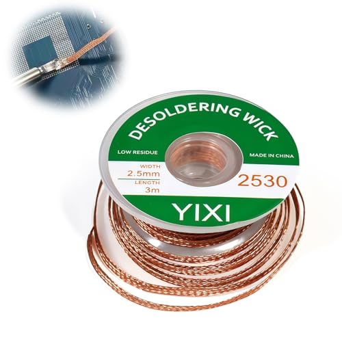 Desoldering Braid, 2.5 mm x 3.0 m, Copper Desoldering Wire, No-Clean Desoldering Wire, Copper Wire Desoldering Wick for Removing Solder and Disassembling Electrical Components, High Thermal
