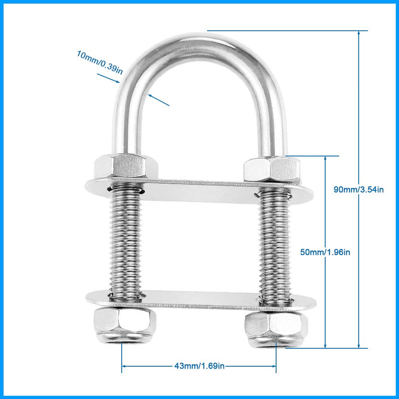 2pcs Marine Boat Stern Bow Eye Tie Down U-Bolt Rigging 316 Stainless Steel,M10x90x130x36mm