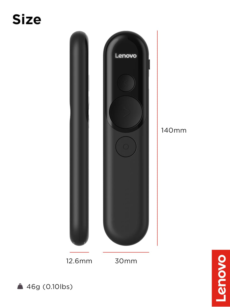 Lenovo Laser Rechargeable Presentation Remote, Bluetooth & USB, Digital & Laser Pointer, LCD Screen, Rechargeable Battery, 30M Range, Black, 500mm Cable Length