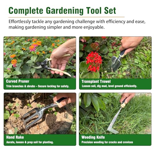 Garden Tool Set, 9-Piece Heavy-Duty Gardening Tool Set with Stylish Tool Bag, Multiple Storage Pockets, Durable Garden and Weeding Tools for Men and Women for Gardening Enthusiasts