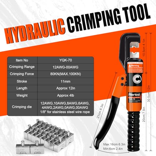 Hydraulic Battery Cable Crimpers 10 Tons 12‑2/0 AWG Stainless Steel Railing Orange 11pcs