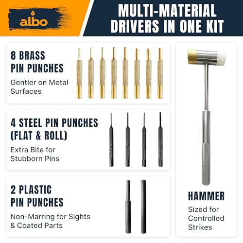 ALBO 15-Piece Pin Punch Set with Hammer, Brass and Plastic Drivers, Roll Pin Tools for Gunsmithing, Firearm and Small Machinery Repair, Knurled Handles, Hard Storage Case Set 15pcs (Black)