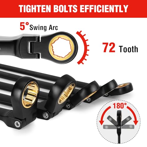 WORKPRO Extra Long Flex-Head Ratcheting Wrench Set, 5-piece Anti-Slip Double Box Wrench Set, SAE 1/4-13/16", 72-Teeth, Cr-V Steel and Black Electrophoretic Coating Wrenches with Rolling Pouch